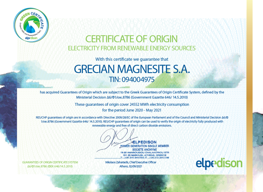 Green Certificate Grecian Magnesite S.A. EN