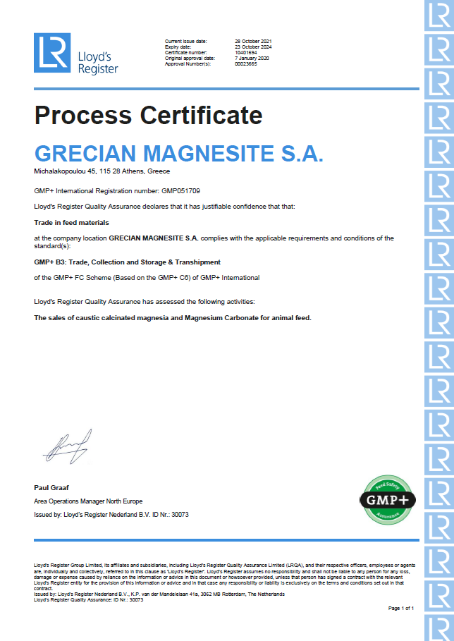 Grecian Magnesite GMP+ certificate Sales of caustic calcined magnesia and magnesium carbonate
