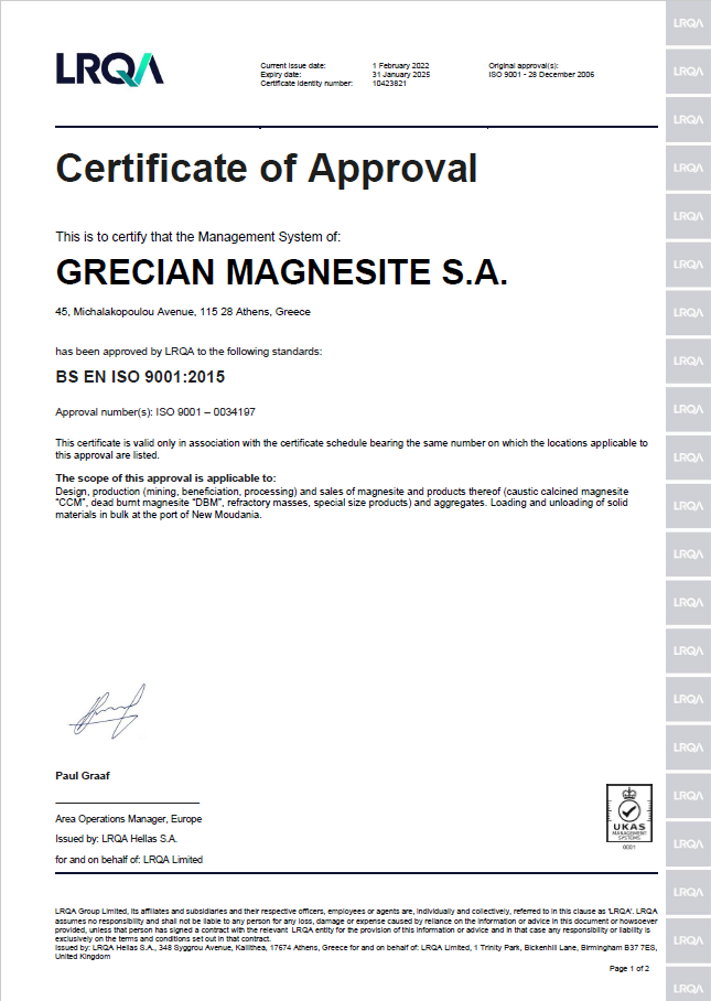 ISO approval certificate Grecian Magnesite