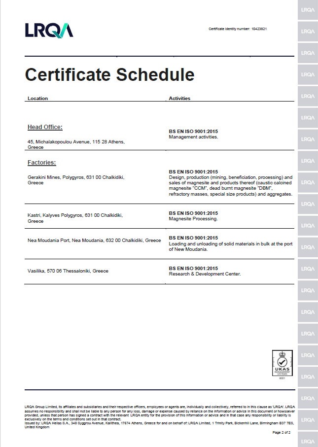 ISO certificate schedule Grecian Magnesite