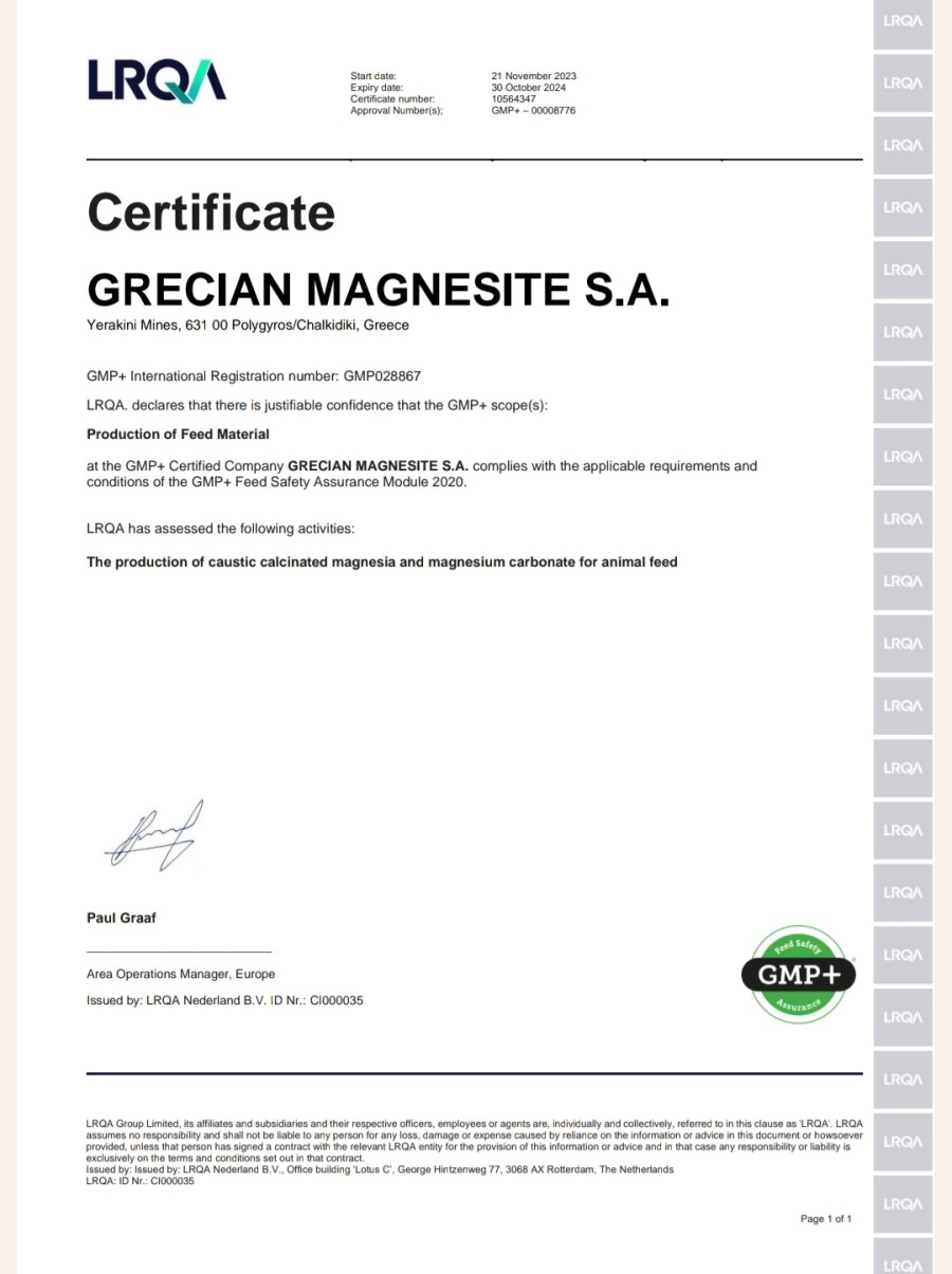 Grecian Magnesite GMP+ FSA 2020 Production certification
