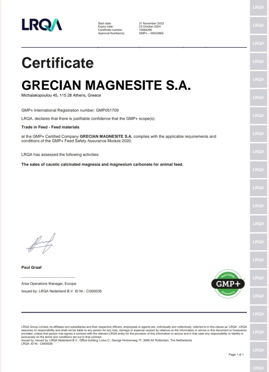 Grecian Magnesite GMP+ FSA 2020 Sale certification